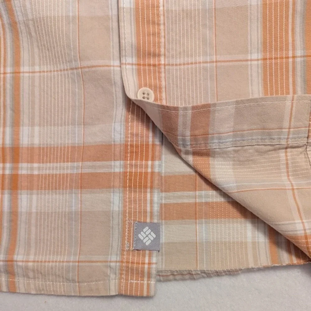 Columbia Button Down Shirt Mens Large Orange‎ Plaid Short Sleeve Cotton